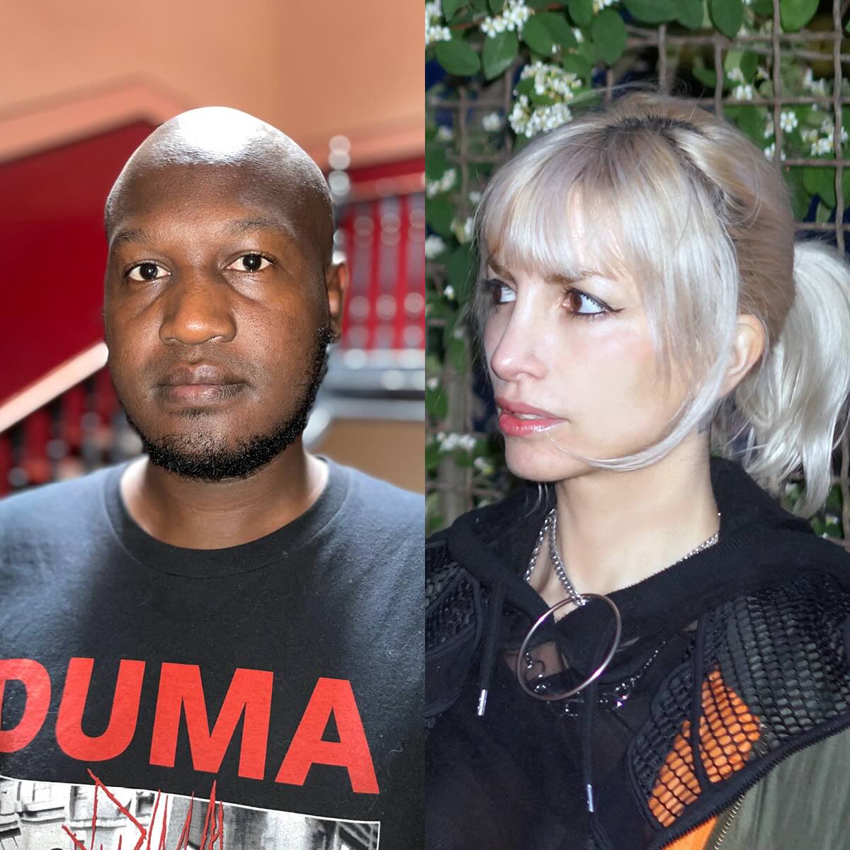 A split image featuring two people: On the left is Sam Karugu, a man with a shaved head and short beard, looking directly at the camera. He is wearing a black T-shirt with the red lettering "DUMA." The background is blurred, showing an indoor setting. On the right is Luna Vassarotti, a woman with platinum blonde hair tied in a ponytail. She is looking to the right, away from the camera. Luna is wearing a black hoodie with a chain necklace and is standing in front of a background of green leaves and flowers.