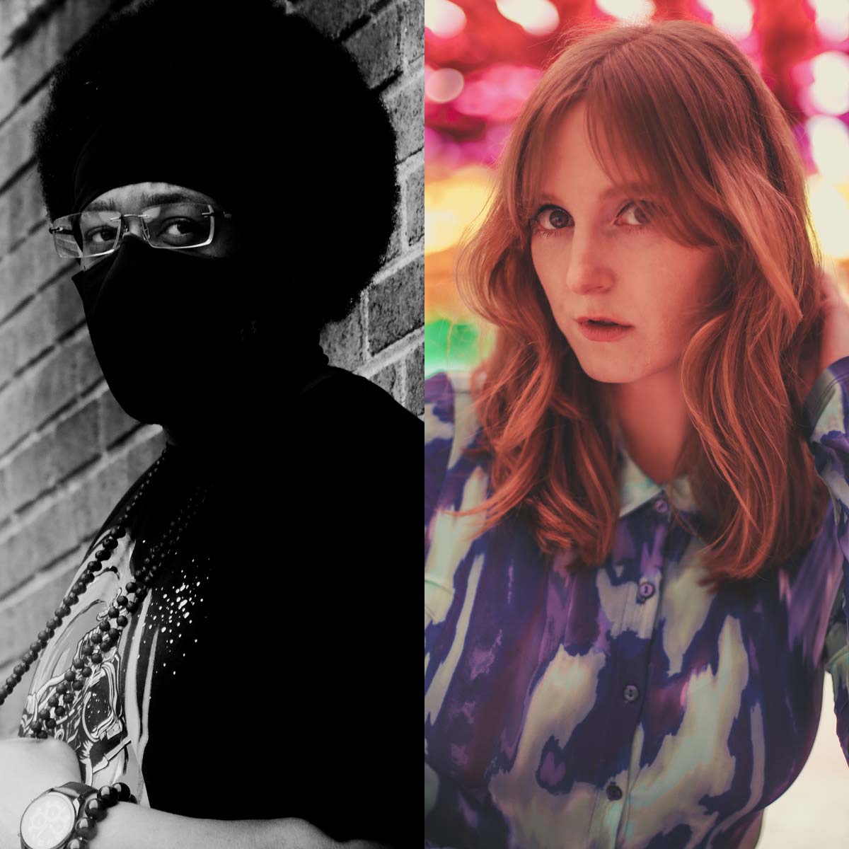 This collage features two individuals. On the left is Shawescape Renegade, wearing a black mask and glasses, with an afro hairstyle. He stands in front of a brick wall and is adorned with a beaded necklace and a dark T-shirt with a striking pattern. On the right is Sarah Miller, with long reddish hair and wearing a brightly patterned blouse. She is looking directly at the camera with her hand in her hair. The background is blurred and colorful.