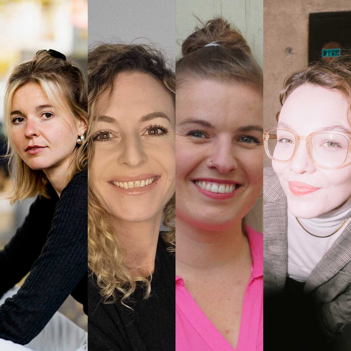 Das Bild zeigt eine Collage von vier Frauen, von links nach rechts: Franka Frei, Lena Olvedi, Katharina Müller und Rike van Kleef. Franka Frei ist links zu sehen und trägt ein schwarzes Oberteil. Sie hat schulterlanges blondes Haar und einen ernsten Gesichtsausdruck. Lena Olvedi ist als zweite von links abgebildet. Sie hat lockiges blondes Haar, lächelt und trägt ein schwarzes Oberteil. Katharina Müller, die dritte von links, hat ihr Haar zu einem Dutt zusammengebunden, trägt ein pinkfarbenes Oberteil und hat ein Nasenpiercing. Sie lächelt ebenfalls. Rike van Kleef, ganz rechts, trägt eine große Brille, einen grauen karierten Blazer und ein helles Oberteil. Sie hat kurzes, lockiges Haar und lächelt leicht in die Kamera. Jede der Frauen hat ihren eigenen Stil und Ausdruck, was die Vielfalt und Individualität in der Collage unterstreicht.