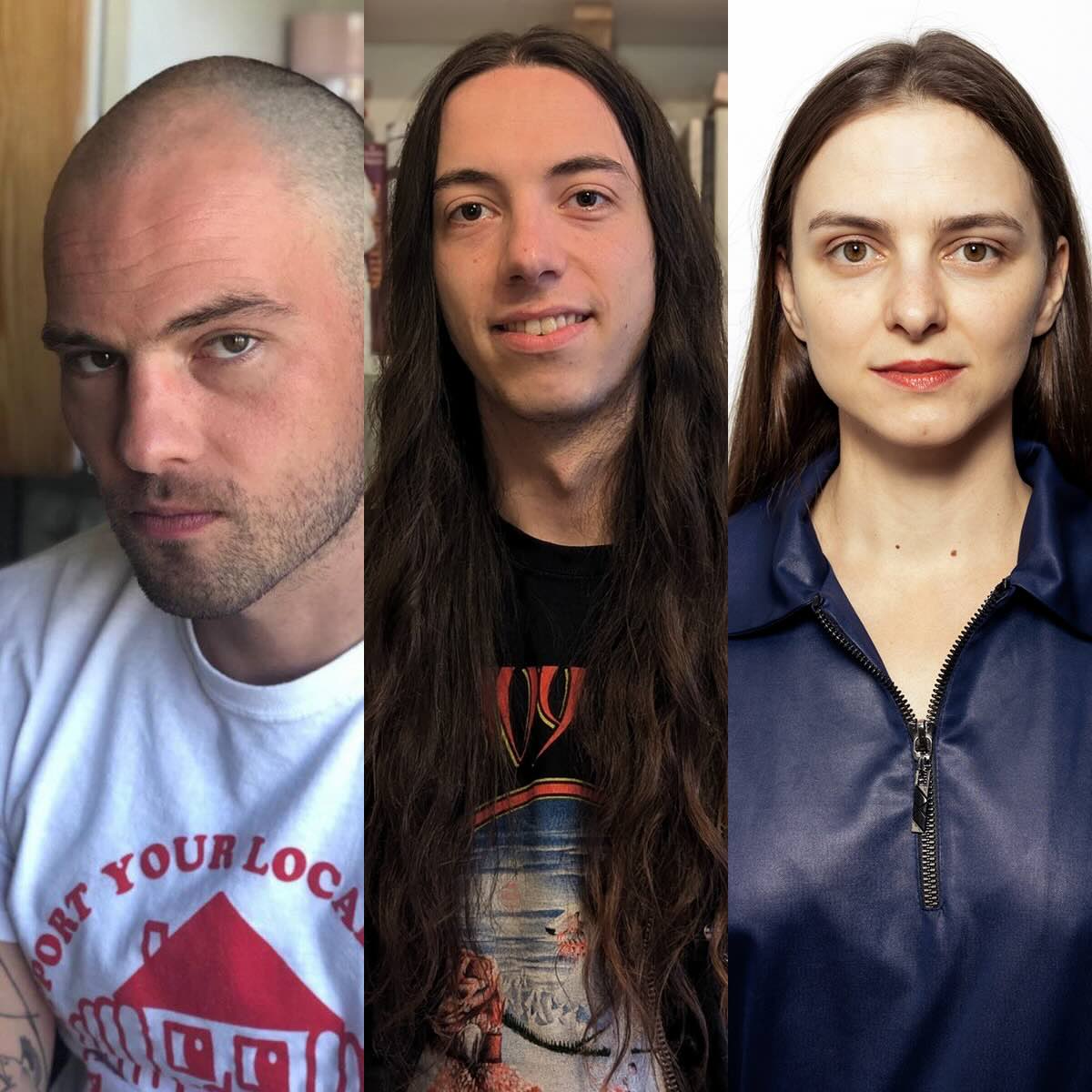 Collage of three pictures side by side, on the left Lukas Juretko, a white man with a bald head, three-day beard and white T-shirt, looking sternly at the camera. In the centre is Luca Schuldt with very long brown hair. He is smiling. On the right is the frontal portrait photo of Julia Boxler, who also has long brown hair and is wearing a blue top with a zip at the front. Her lips are painted red.