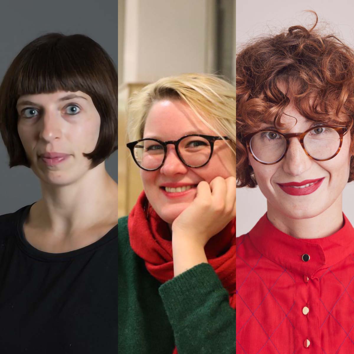 The image shows three women side by side, from left to right: Viola Nordsieck, Veronika Kracher, and Ariana Zustra. Viola Nordsieck has short, dark brown hair and is wearing a black top. Veronika Kracher has blonde hair, wears black-framed glasses, and is smiling at the camera with her hand resting on her chin. She is wearing a green sweater and a red scarf. Ariana Zustra has curly, reddish-brown hair, wears round glasses, and a red top with a button at the collar. She is also smiling at the camera.