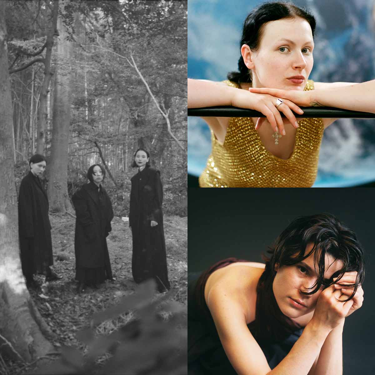 The image is a collage of three photos. On the left is a black-and-white photo of the band Black Boboi, consisting of three people in long, dark coats standing in a forest. Top right is a color portrait of Rosa Anschütz, who poses in a golden top in front of a blurred background, resting her arms on a bar. Bottom right is a color portrait of Eddna, who sits on the floor with a thoughtful look and a slightly tilted head, supporting her head with her hand.