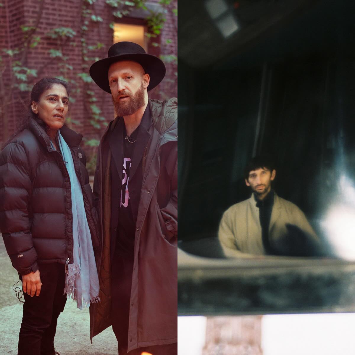 A two-part image shows three individuals: On the left are Samira Saraya and Neta Weiner, both in outdoor clothing, with a brick building in the background. Samira is wearing a black down jacket and a blue scarf, while Neta is wearing a hat and a long coat. On the right is Hoyah, seen in a blurry, dark image, wearing a light-colored coat.