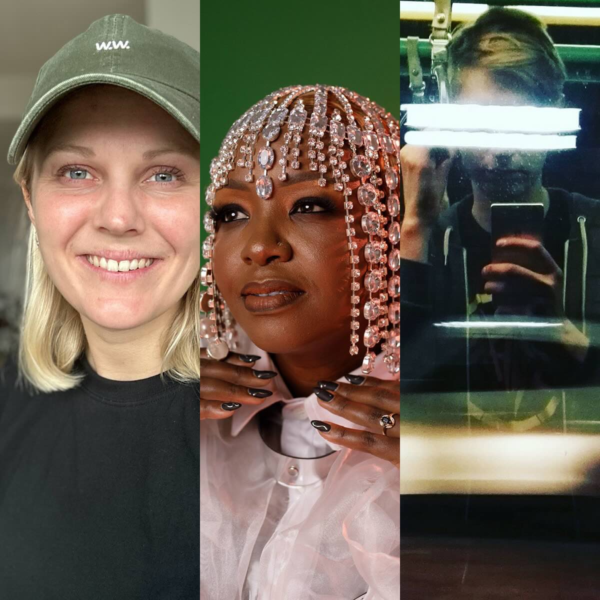 A triptych image shows three individuals: On the left is Katrine Friis Sønderby, smiling warmly at the camera and wearing a green cap. In the middle is Muthoni Drummer Queen, posing with an elaborate bead headpiece. On the right is Kristoffer Patrick Cornils, taking a selfie in a mirror with a flash, partially obscuring his face.