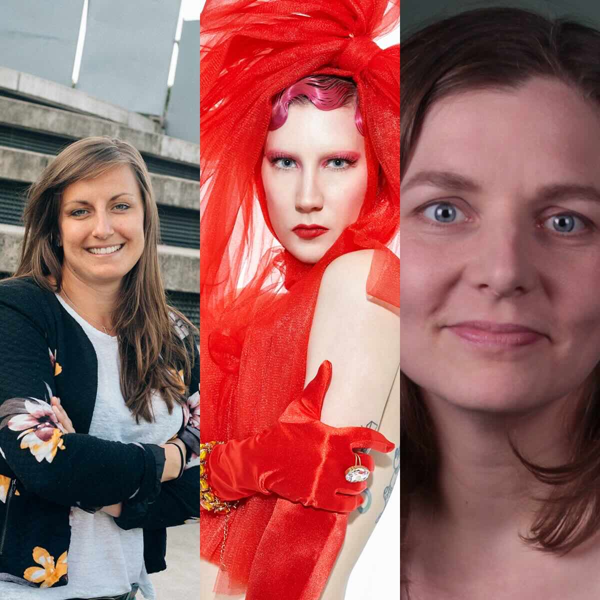 A photo collage with three portraits. On the left is Marina Guz, smiling at the camera with her arms crossed. In the middle is FLOSS in a striking red outfit, with red gloves and a red veil wrapped around her head. On the right is Claudia Schwarz, also looking at the camera with a slight smile.