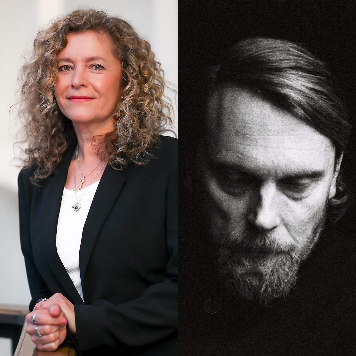 A two-part image shows two individuals: On the left is Katja Lucker, smiling and wearing a black blazer over a white top, with curly hair and several necklaces. On the right is Jens Balzer, depicted in a black-and-white photo, looking down with a serious expression, with a beard and hair combed to the side.