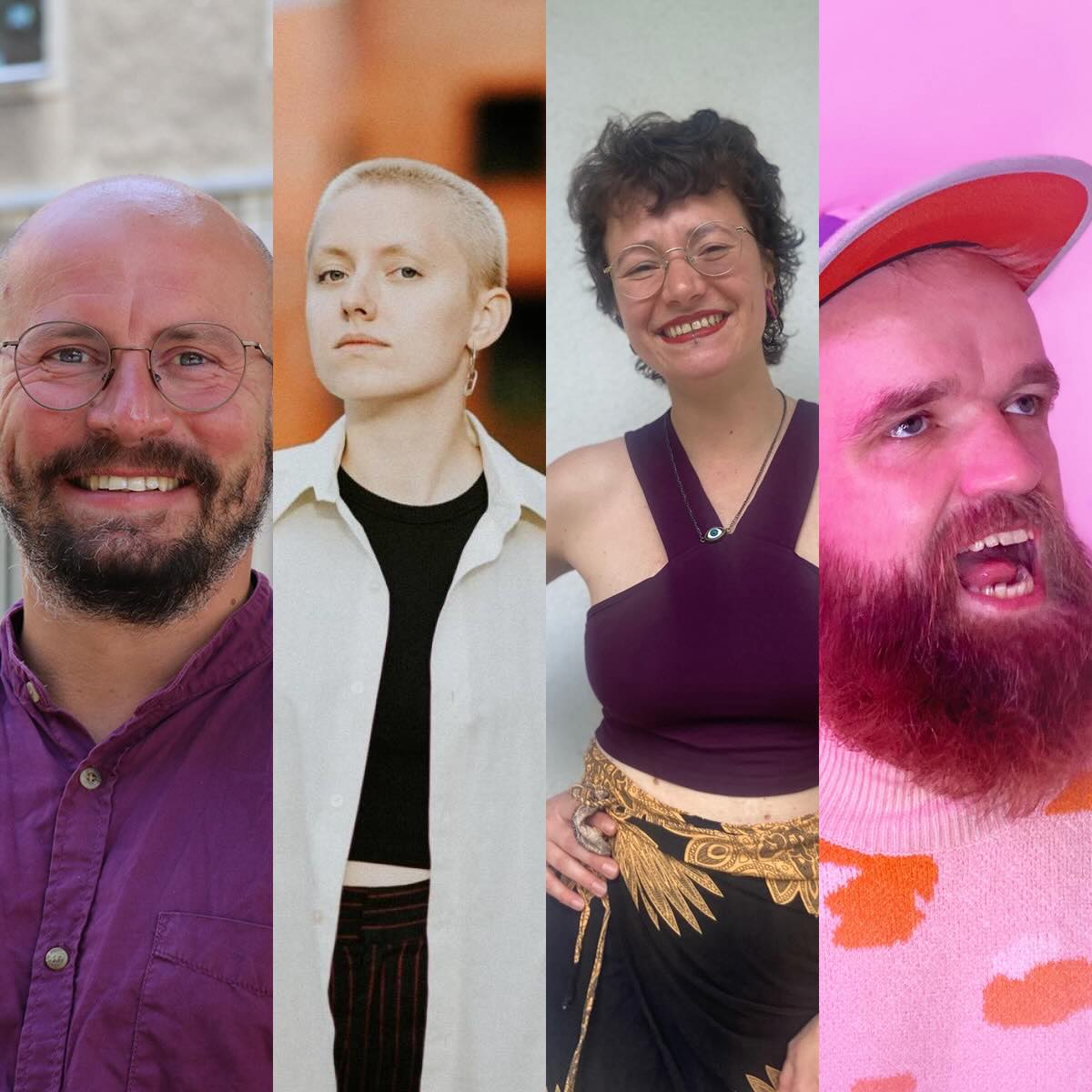 The image shows four people arranged side by side in a collage. From left to right, the first person is a bald man with a beard and glasses, smiling warmly at the camera. He is wearing a purple shirt, which enhances his friendly appearance. Next to him stands a person with closely cropped, platinum blonde hair. They have a neutral expression and are dressed in a black top paired with an open white shirt, giving them a cool and minimalist look. The third person in the image is a woman with short, curly hair and glasses. She is smiling broadly and exudes a joyful energy. She is wearing a purple halter top and a patterned wrap skirt adorned with golden details, adding a unique and creative touch to her outfit. On the far right is a man with a bushy beard and a baseball cap. He is wearing a sweater with orange patterns and appears to be captured in a moment full of energy, as if he is speaking or shouting, adding a dynamic and lively atmosphere to the image.